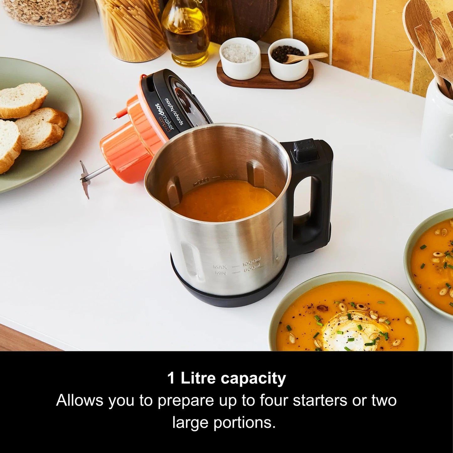 Morphy Richards Compact Soup Maker 900W – 1L, Smooth & Chunky, Black/Steel