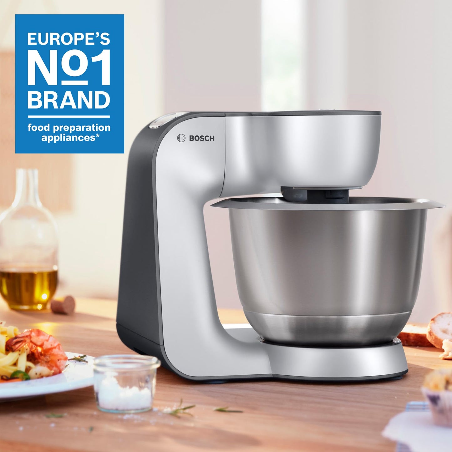 Bosch CreationLine 7 in 1 Stand Mixer MUM58259GB with 11 accessories, 7 Speeds, dough hook, whisk, beater, blender, juicer, mincer, shredder, 1000W, White/Silver