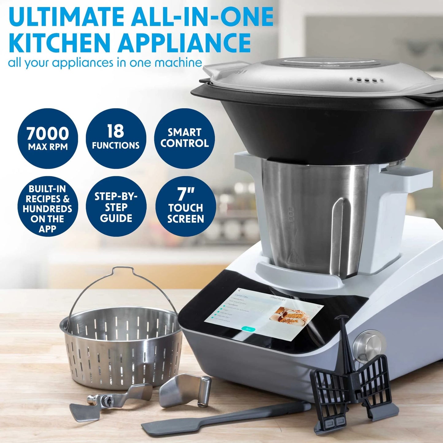 Baridi Smart Kitchen Robot Thermo-Cooker, 18 Preset Functions, 7” TFT Touch Screen, App Guided Recipes, Blender, Slow Cooker, Sous Vide, Steamer, Built-in Scales, Self Clean Function, White – DH189