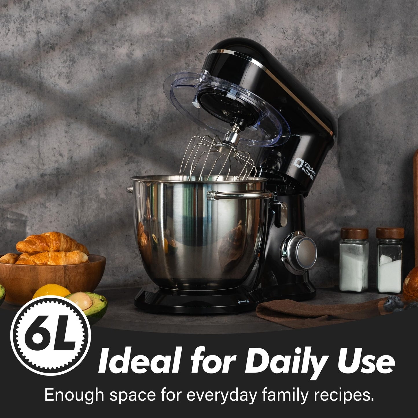 Kitchen in the box Stand Mixer, 6L Electric Food Mixer with 10 Speeds, 1300W Kitchen Appliance for Home Baking, Colorful Design Baking Tool for Bread Dough Cake with Dough Hook, Whisk, Beater (Black)