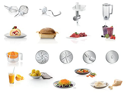 Bosch CreationLine 7 in 1 Stand Mixer MUM58259GB with 11 accessories, 7 Speeds, dough hook, whisk, beater, blender, juicer, mincer, shredder, 1000W, White/Silver