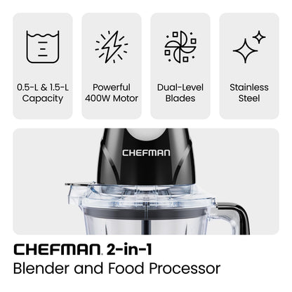 CHEFMAN 2-in-1 Food Processor & Portable Blender 400W – Ice Crusher, Pulse