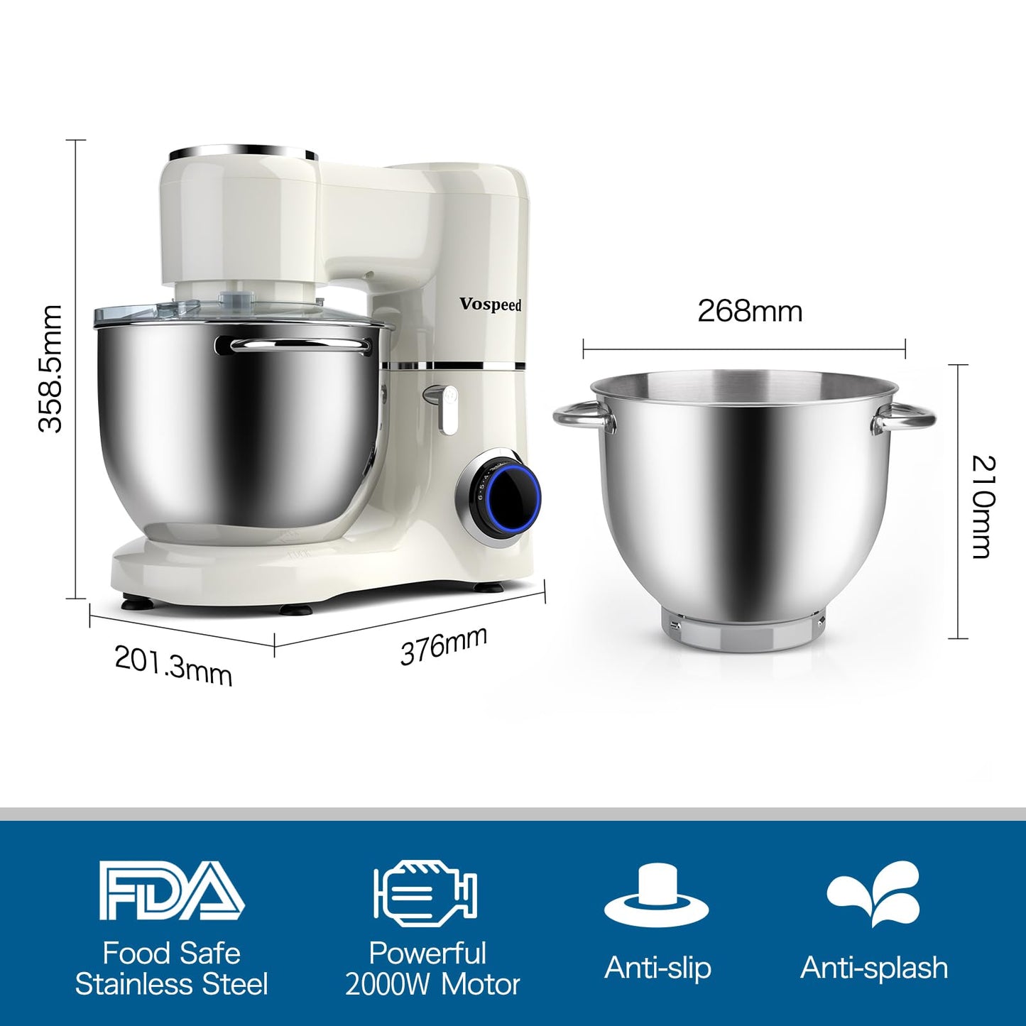 Vospeed Stand Mixer 2000W 8L Cake Mixer Electric Kitchen Food Mixer with Stainless Steel Bowl, Beater, Dough Hook, Whisk for Baking, Dishwasher Safe (White)