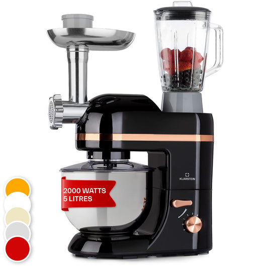 Klarstein Lucia Elegance - Stand Mixer, Food Processor and Blender, Meat Grinder, 1800 Watts in 6 Power Levels, Pulse Function, 5 l Stainless Steel Bowl / 1.5 l Glass Mixer Jug, Black