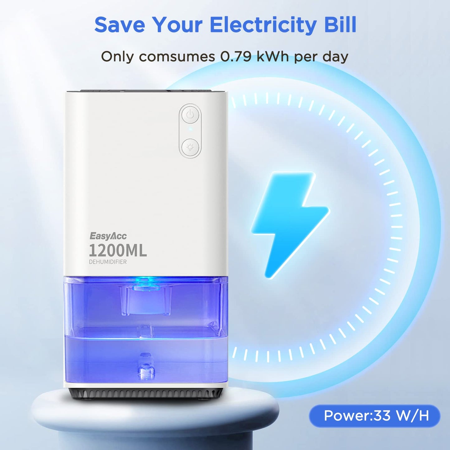 EasyAcc 1200ml Portable Electric Dehumidifier – Quiet, Auto Shut-Off, White