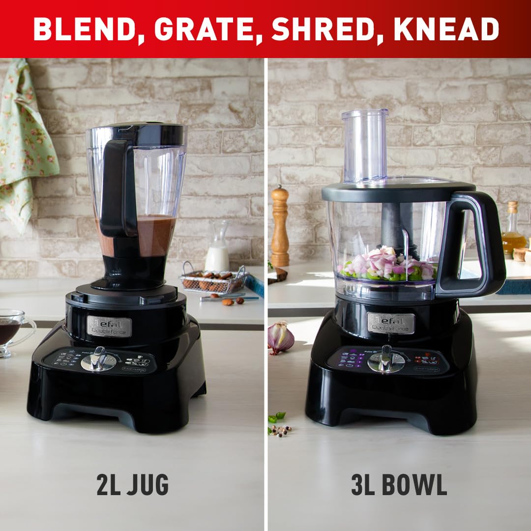Tefal 8in1 Double Force Pro Food Processor & Blender, 3L Bowl, 2L Jug, 6 Speeds, 1000W, Chop, Grate, Slice, Shred, Knead, Beat, Dishwasher Safe, Black, DO821840