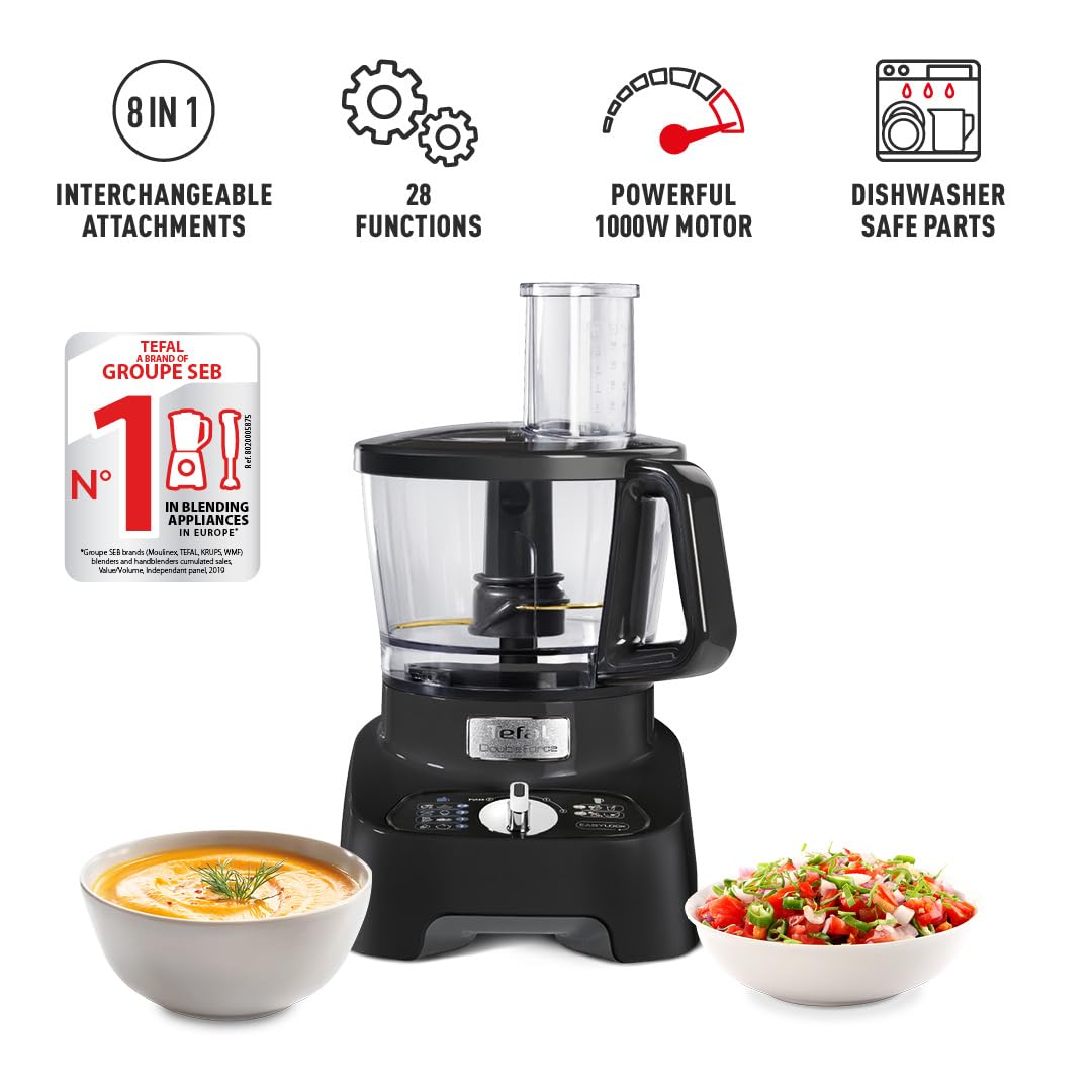 Tefal 8in1 Double Force Pro Food Processor & Blender, 3L Bowl, 2L Jug, 6 Speeds, 1000W, Chop, Grate, Slice, Shred, Knead, Beat, Dishwasher Safe, Black, DO821840
