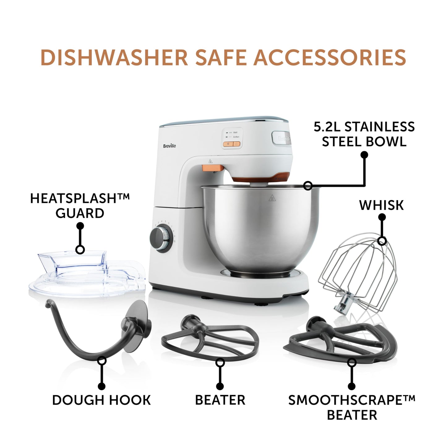 Breville HeatSoft Electric Stand Mixer | 1000W | Softens Butter for Better Results | 10 Speeds | 5.2L Stainless Steel Bowl | Includes Whisk, Beaters & Dough Hooks [VFM027]
