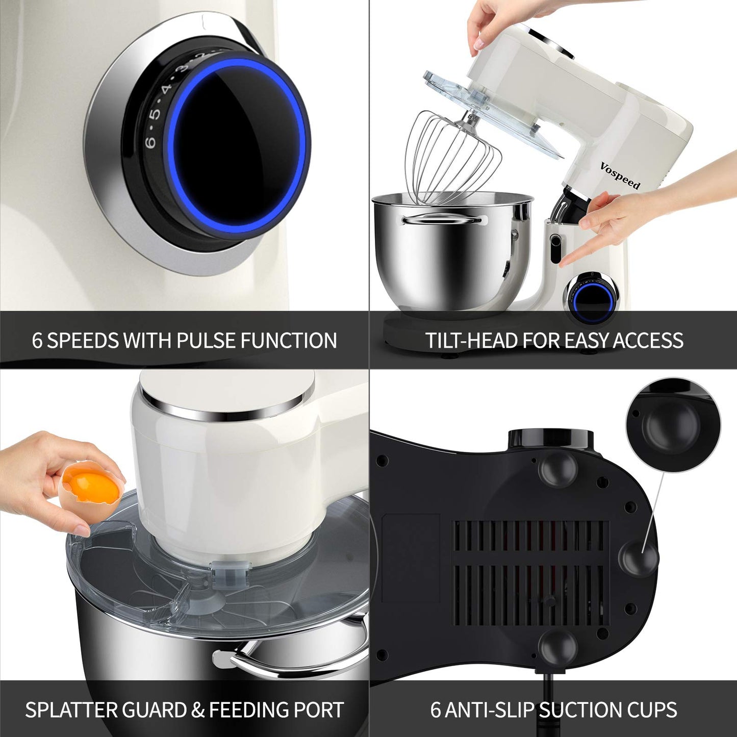 Vospeed Stand Mixer 2000W 8L Cake Mixer Electric Kitchen Food Mixer with Stainless Steel Bowl, Beater, Dough Hook, Whisk for Baking, Dishwasher Safe (White)