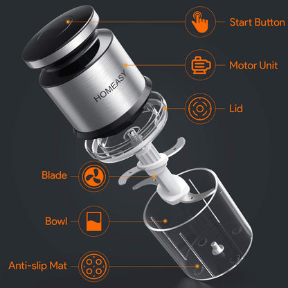 Homeasy Mini Meat Grinder 300W – 600ml Stainless Steel, 4 Sharp Blades