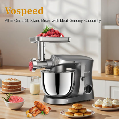 Vospeed Stand Mixer, 5.5L Food Mixers for Baking, 1500W Tilt-Head Electric Kitchen Mixer, Cake Mixers with Dough Hook, Whisk & Beater,Meat Grinder Attachment...(Grey)