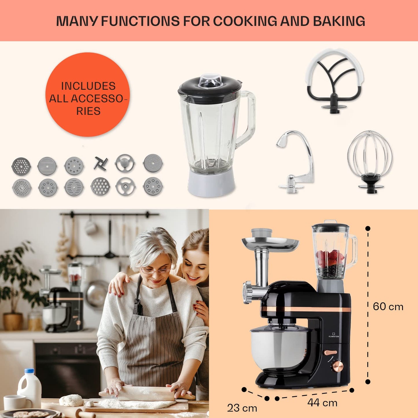 Klarstein Lucia Elegance - Stand Mixer, Food Processor and Blender, Meat Grinder, 1800 Watts in 6 Power Levels, Pulse Function, 5 l Stainless Steel Bowl / 1.5 l Glass Mixer Jug, Black