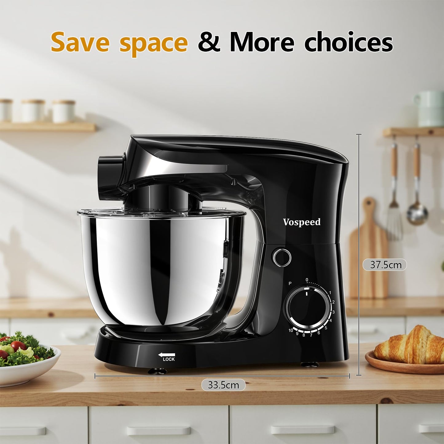 Vospeed Stand Mixer, 5.5L Food Mixers for Baking, 1500W Tilt-Head Electric Kitchen Mixer, Cake Mixers with Dough Hook, Whisk & Beater,Meat Grinder Attachment...(Black)