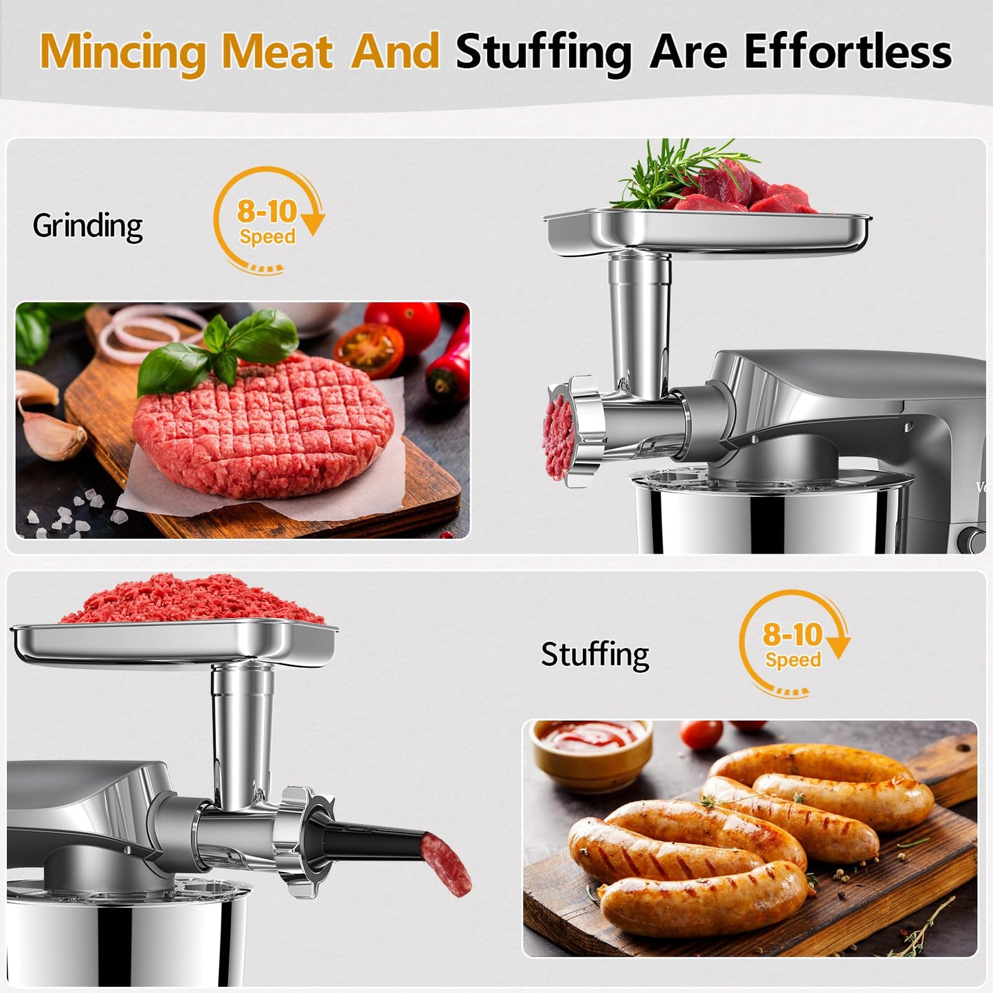 Vospeed Stand Mixer, 5.5L Food Mixers for Baking, 1500W Tilt-Head Electric Kitchen Mixer, Cake Mixers with Dough Hook, Whisk & Beater,Meat Grinder Attachment...(Grey)