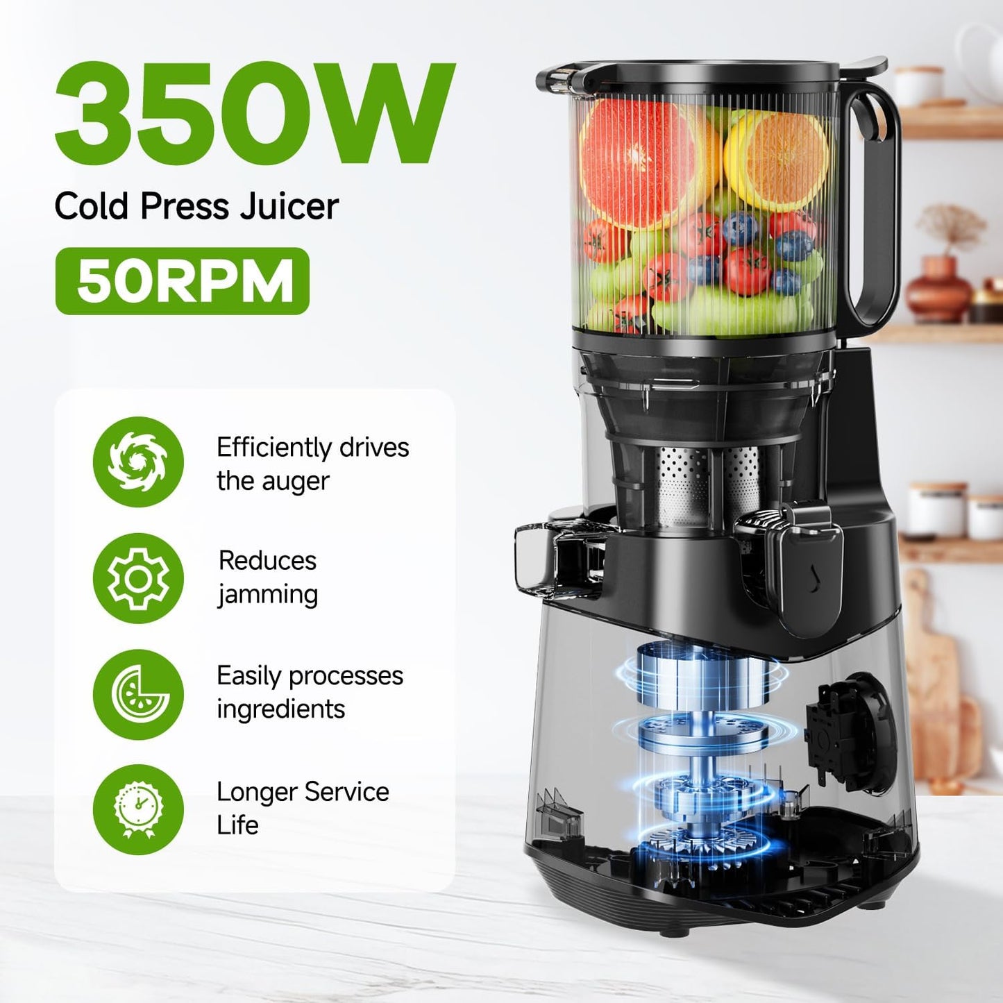 350W Cold Press Juicer – 5.3" Large Feeding Chute, High Yield, Easy Clean
