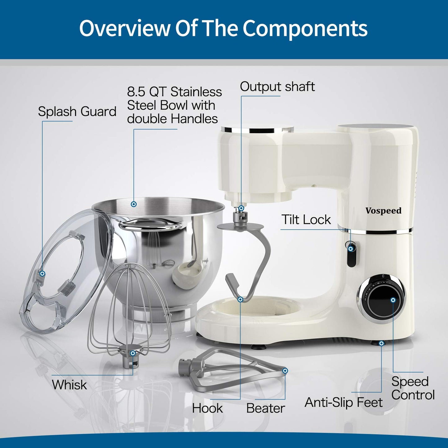 Vospeed Stand Mixer 2000W 8L Cake Mixer Electric Kitchen Food Mixer with Stainless Steel Bowl, Beater, Dough Hook, Whisk for Baking, Dishwasher Safe (White)