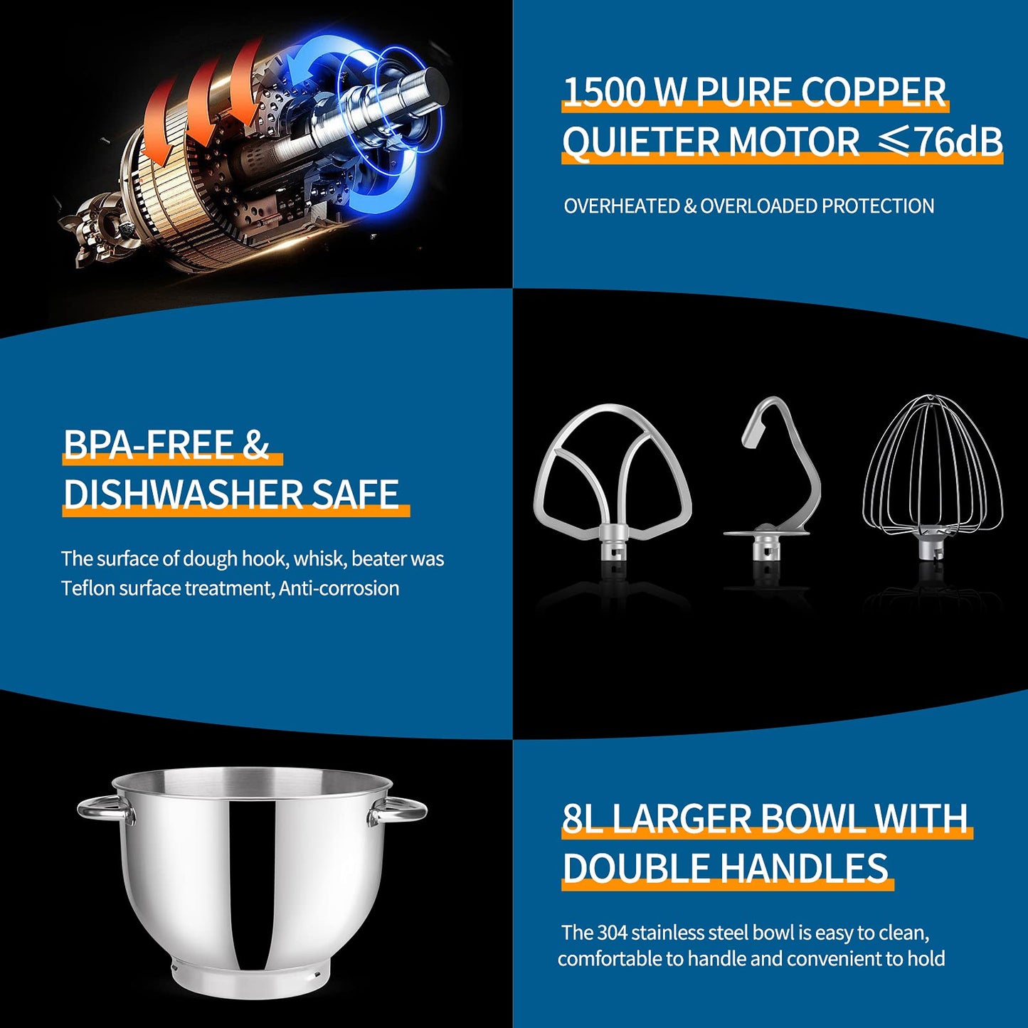 Vospeed Stand Mixer 2000W 8L Cake Mixer Electric Kitchen Food Mixer with Stainless Steel Bowl, Beater, Dough Hook, Whisk for Baking, Dishwasher Safe (White)