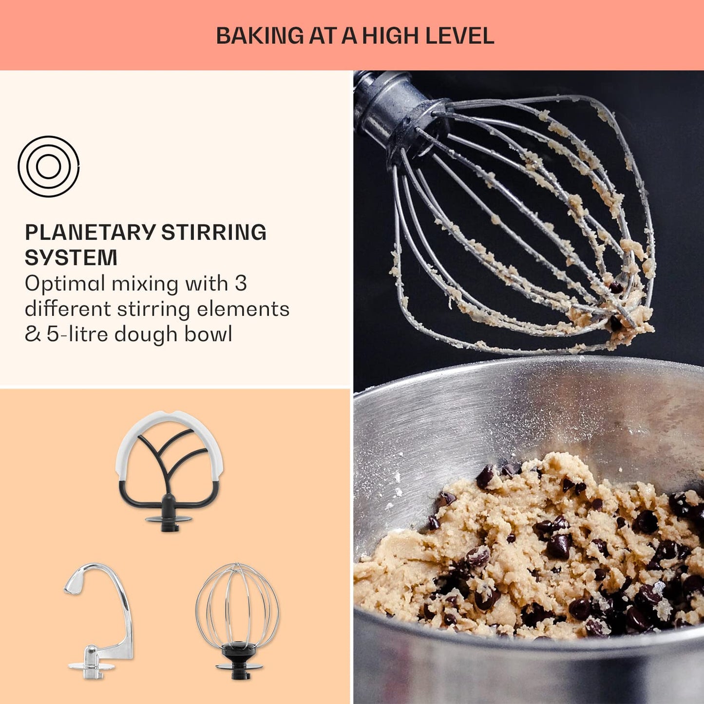 Klarstein Lucia Elegance - Stand Mixer, Food Processor and Blender, Meat Grinder, 1800 Watts in 6 Power Levels, Pulse Function, 5 l Stainless Steel Bowl / 1.5 l Glass Mixer Jug, Black