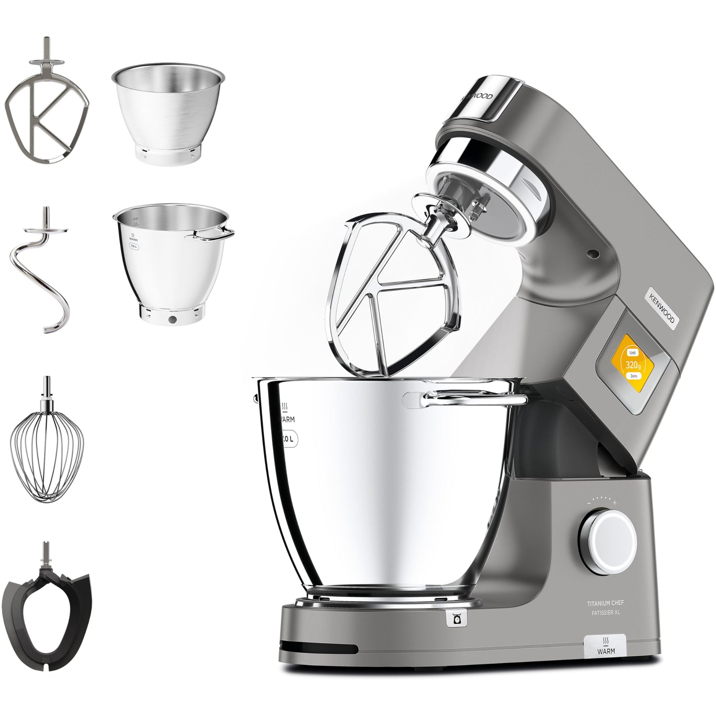 Kenwood Titanium Chef Patissier XL Stand Mixer for Baking- Powerful Food Mixer, With K-Beater, Dough Hook, Whisk, and 2 Bowls 5L and 7L, KWL90.004SI, 1400W, Silver