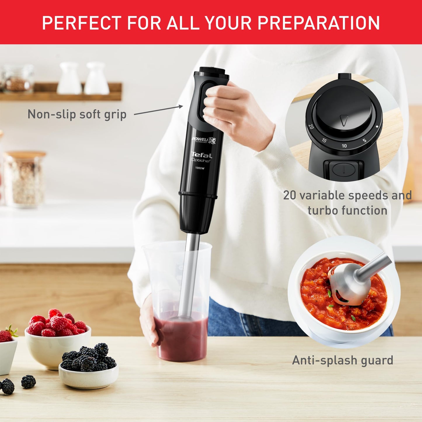 Tefal 3-in-1 Hand Stick Blender 1000W – 800ml Beaker & 500ml Chopper