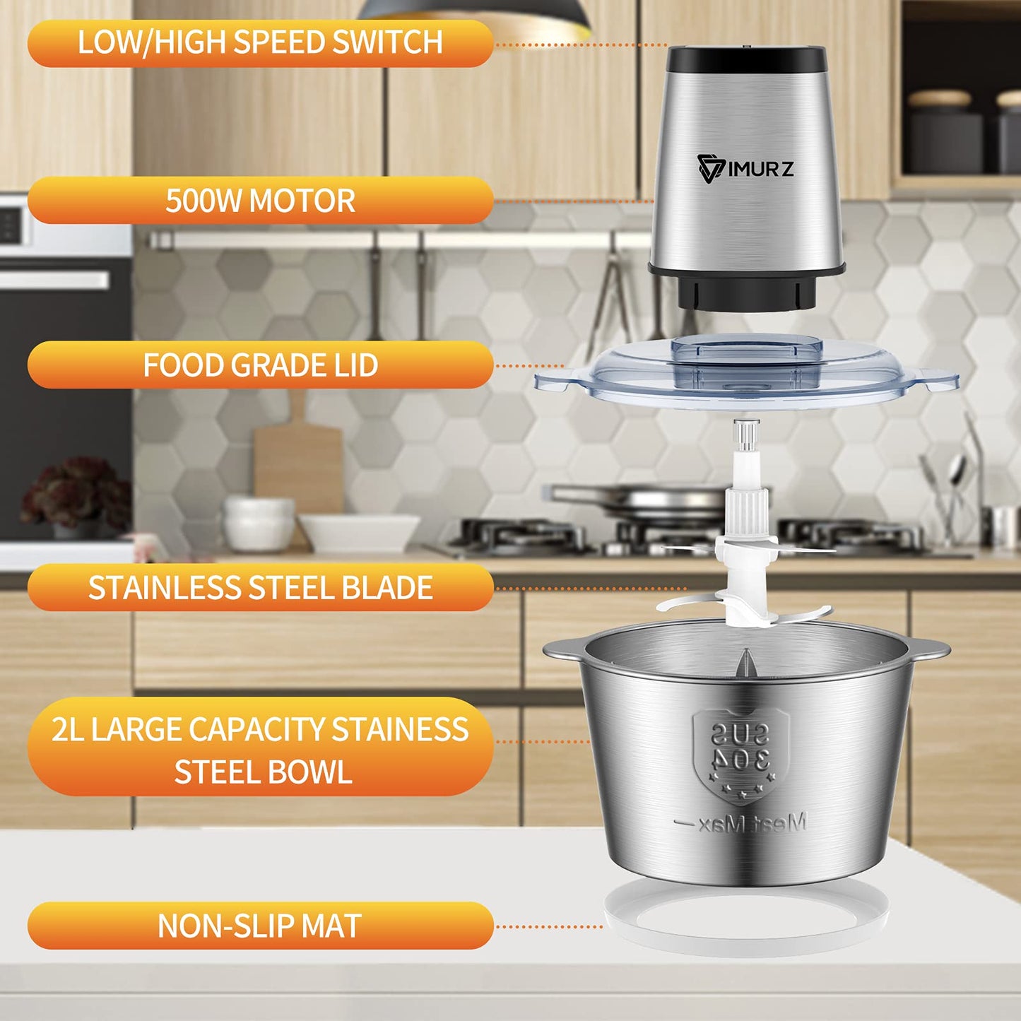 Mini Electric Food Processor 500W – 2L Stainless Steel Bowl, 2 Speeds, Silver