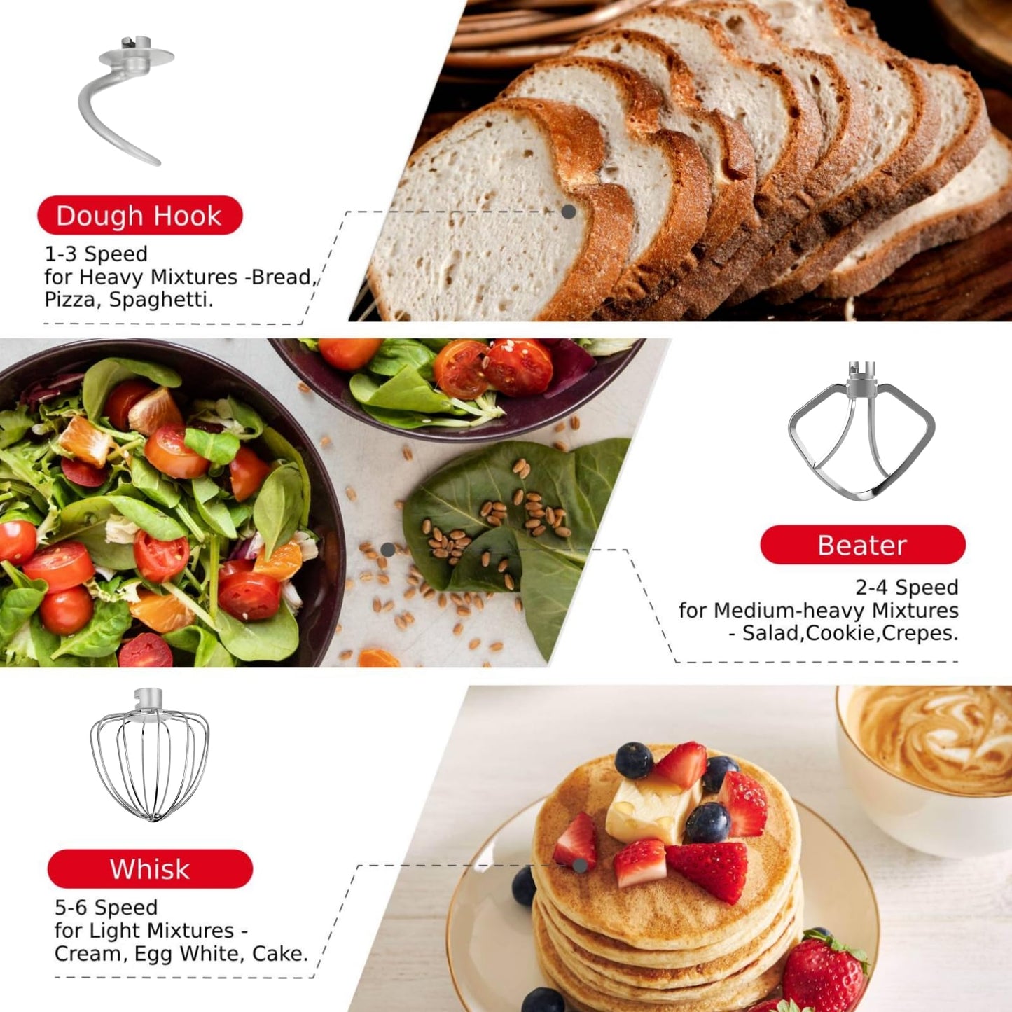 Aucma Stand Mixer, 6.2L Food Mixer 1400W Tilt-Head Electric Kitchen Mixer with Dough Hook, Wire Whip & Beater， 2 Layer Red Painting (6.2L, Red)