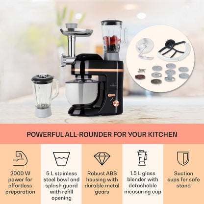 Klarstein Lucia Elegance - Stand Mixer, Food Processor and Blender, Meat Grinder, 1800 Watts in 6 Power Levels, Pulse Function, 5 l Stainless Steel Bowl / 1.5 l Glass Mixer Jug, Black