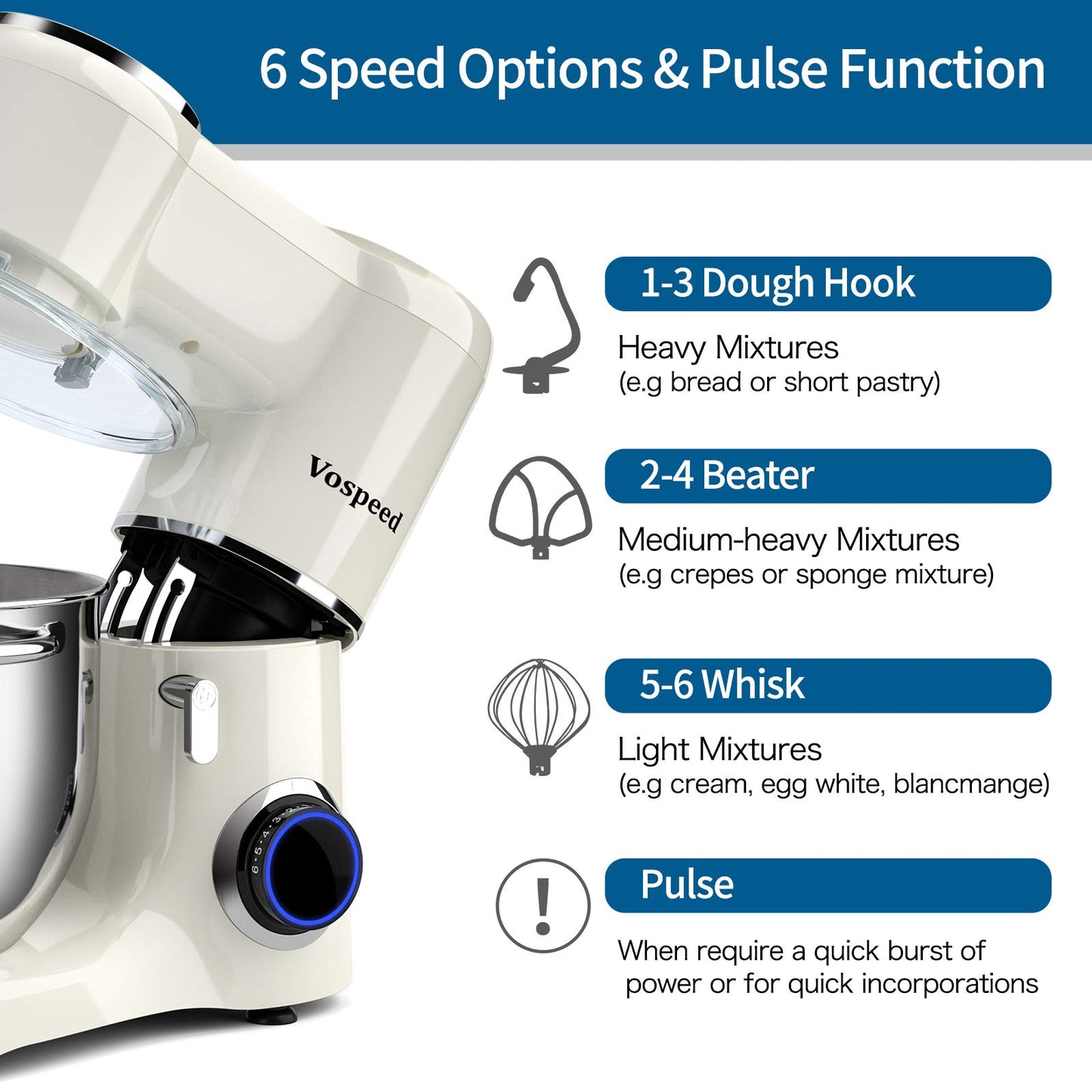 Vospeed Stand Mixer 2000W 8L Cake Mixer Electric Kitchen Food Mixer with Stainless Steel Bowl, Beater, Dough Hook, Whisk for Baking, Dishwasher Safe (White)