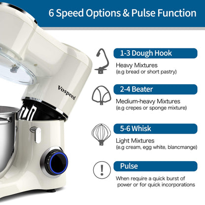 Vospeed Stand Mixer 2000W 8L Cake Mixer Electric Kitchen Food Mixer with Stainless Steel Bowl, Beater, Dough Hook, Whisk for Baking, Dishwasher Safe (White)