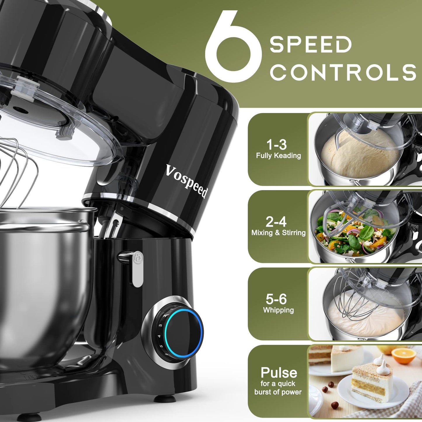 Vospeed Stand Mixer 2000W 8L Cake Mixer Electric Kitchen Food Mixer with Stainless Steel Bowl, Beater, Dough Hook, Whisk for Baking, Dishwasher Safe (Black)