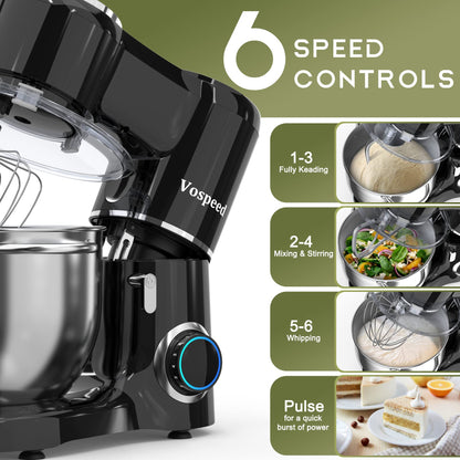 Vospeed Stand Mixer 2000W 8L Cake Mixer Electric Kitchen Food Mixer with Stainless Steel Bowl, Beater, Dough Hook, Whisk for Baking, Dishwasher Safe (Black)