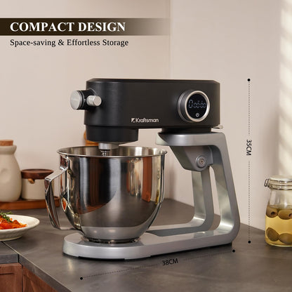Kraftsman Full Metal Stand Mixer, 5L Kitchen Food Mixer for Baking with Stainless Steel Dough Hook, Whisk, Beater, Flexible Beater, Universal Attachment Hub, 8 Speeds & Timer Function (Black)
