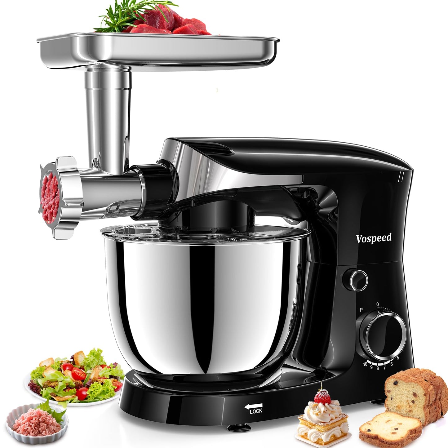Vospeed Stand Mixer, 5.5L Food Mixers for Baking, 1500W Tilt-Head Electric Kitchen Mixer, Cake Mixers with Dough Hook, Whisk & Beater,Meat Grinder Attachment...(Black)