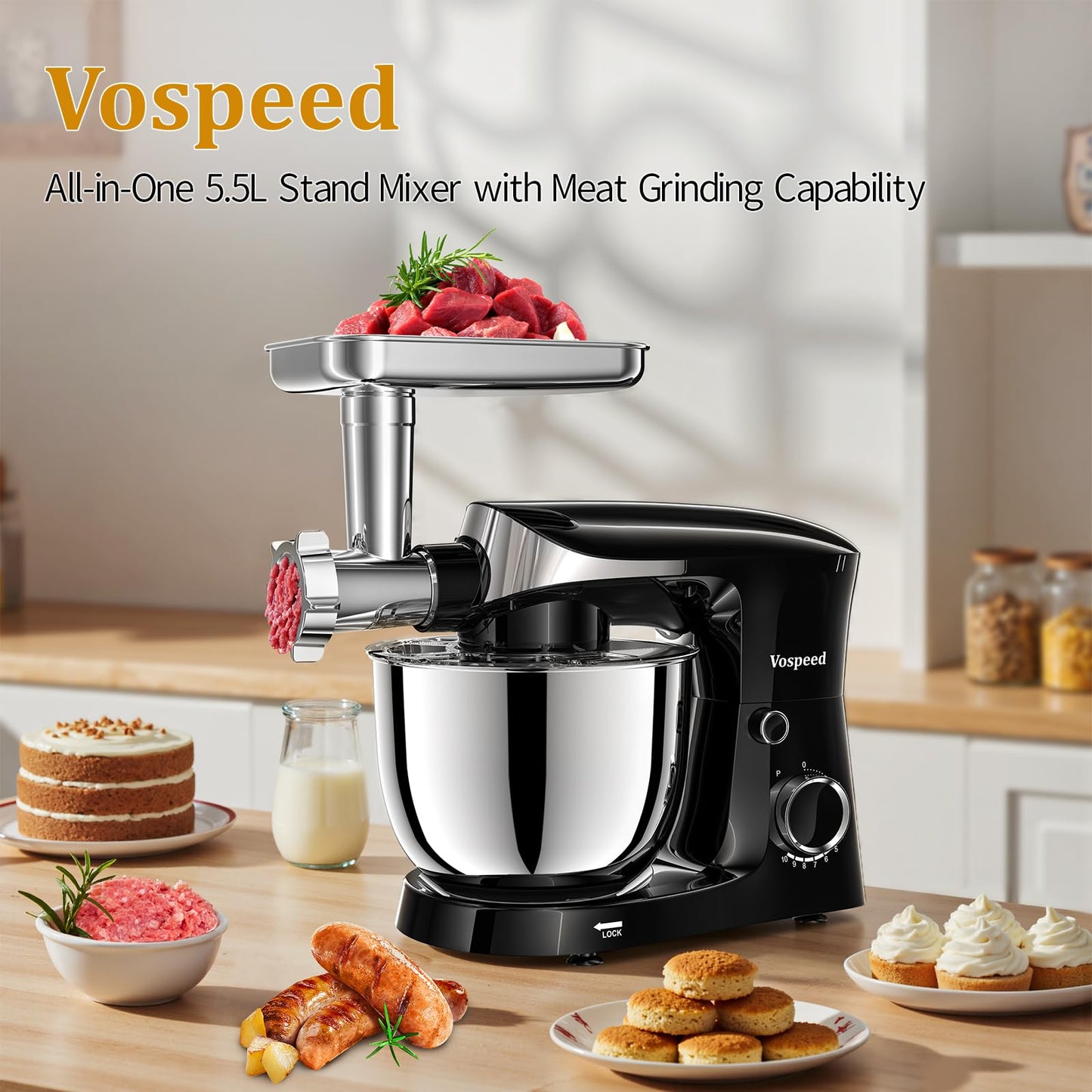 Vospeed Stand Mixer, 5.5L Food Mixers for Baking, 1500W Tilt-Head Electric Kitchen Mixer, Cake Mixers with Dough Hook, Whisk & Beater,Meat Grinder Attachment...(Black)