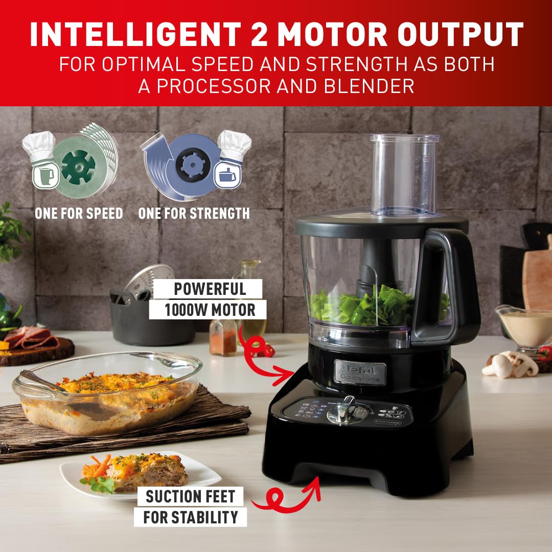 Tefal 8in1 Double Force Pro Food Processor & Blender, 3L Bowl, 2L Jug, 6 Speeds, 1000W, Chop, Grate, Slice, Shred, Knead, Beat, Dishwasher Safe, Black, DO821840