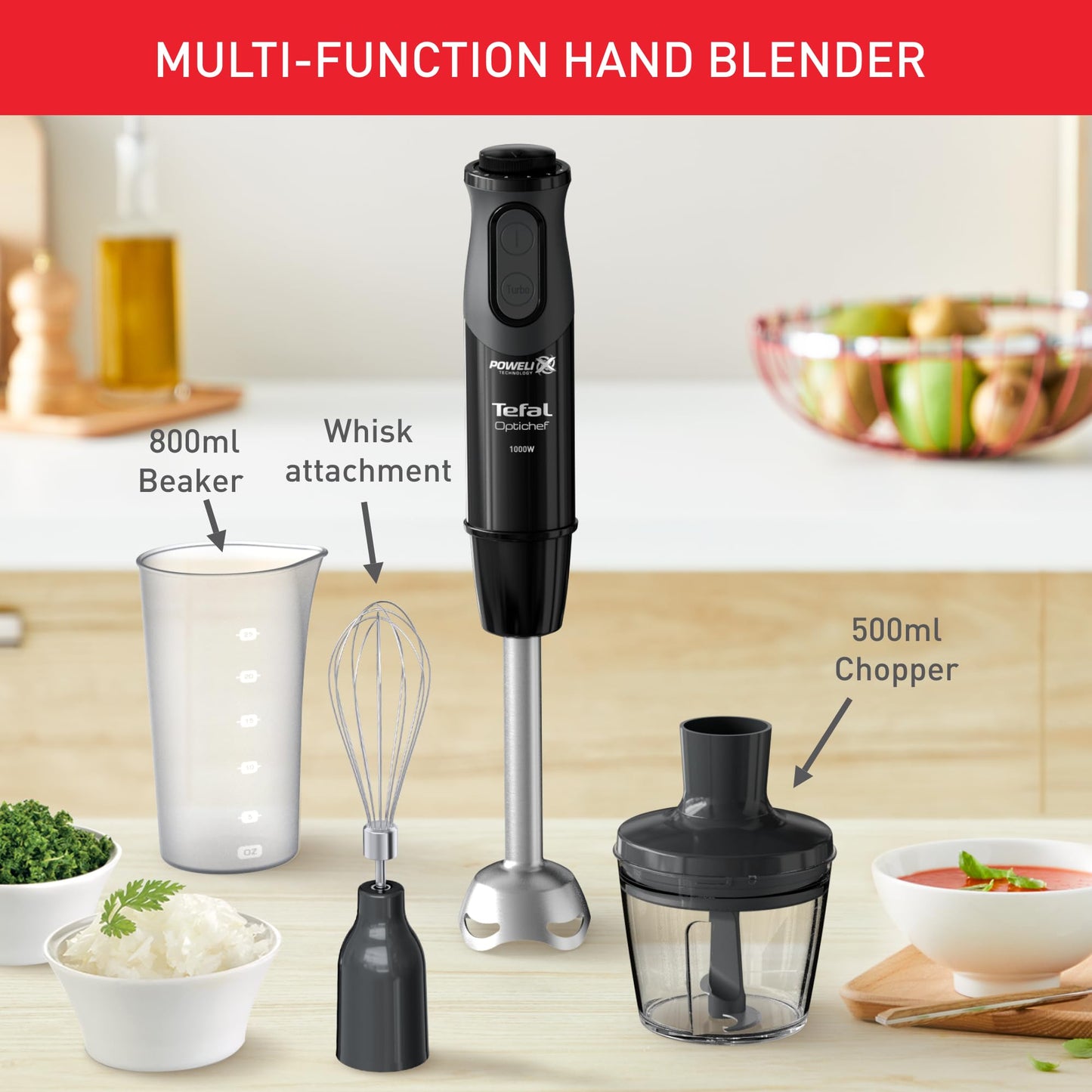 Tefal 3-in-1 Hand Stick Blender 1000W – 800ml Beaker & 500ml Chopper