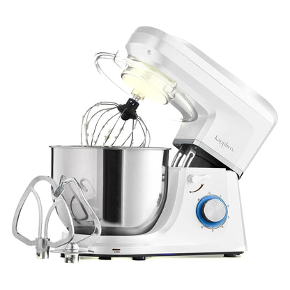 Kapplico 1800W Stand Mixer with Large 7L Stainless Steel Bowl and 3 Attachments - Whisk, Beater and Dough Hook, Splash Guard, 6 Speeds, Non Slip Feet, White