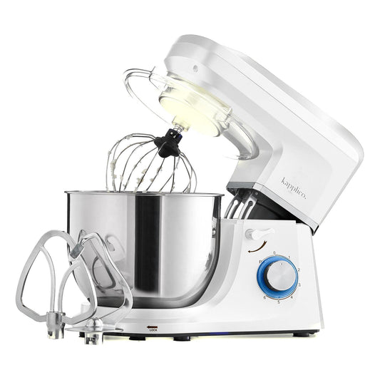 Kapplico 1800W Stand Mixer with Large 7L Stainless Steel Bowl and 3 Attachments - Whisk, Beater and Dough Hook, Splash Guard, 6 Speeds, Non Slip Feet, White