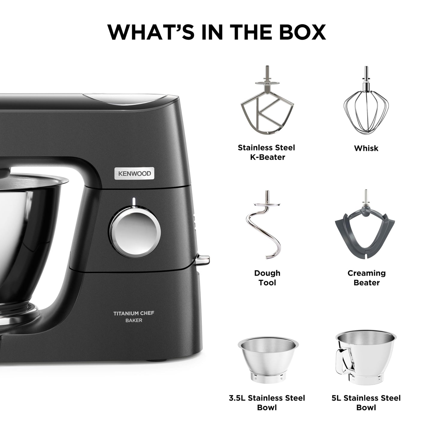 Kenwood Titanium Chef Baker Silver KVC85.004BK, Stand Mixer with Integrated Scale, 3 Stainless Steel Mixing Hooks and Rubber Whisk, 5L and 3.5L Bowls, 1200W, Black