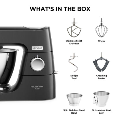 Kenwood Titanium Chef Baker Silver KVC85.004BK, Stand Mixer with Integrated Scale, 3 Stainless Steel Mixing Hooks and Rubber Whisk, 5L and 3.5L Bowls, 1200W, Black