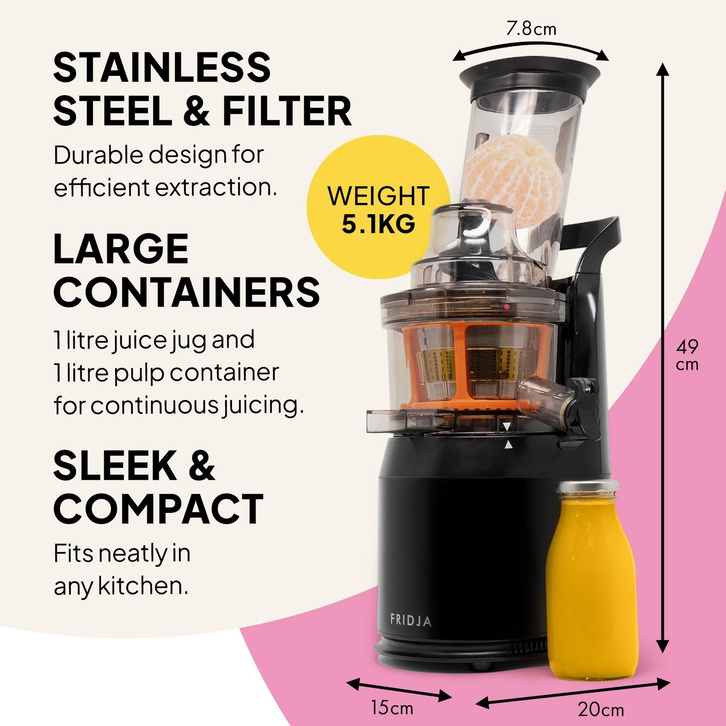 Fridja f1900 Cold Press Juicer 240W – 78mm Wide Chute, Black Stainless Steel