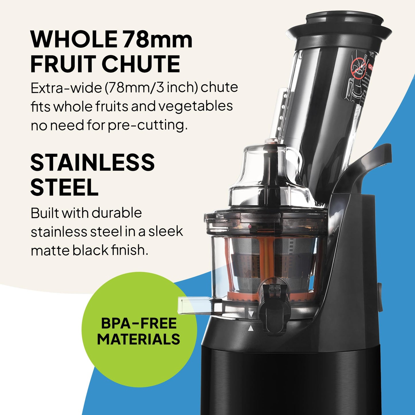Fridja f1900 Cold Press Juicer 240W – 78mm Wide Chute, Black Stainless Steel