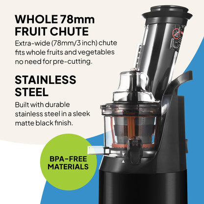 Fridja f1900 Cold Press Juicer 240W – 78mm Wide Chute, Black Stainless Steel