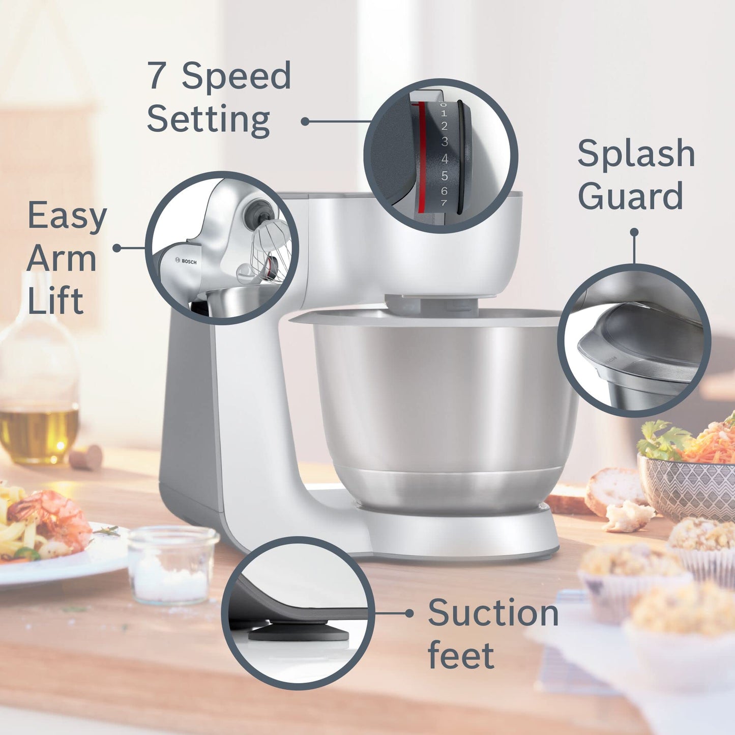 Bosch CreationLine 7 in 1 Stand Mixer MUM58259GB with 11 accessories, 7 Speeds, dough hook, whisk, beater, blender, juicer, mincer, shredder, 1000W, White/Silver