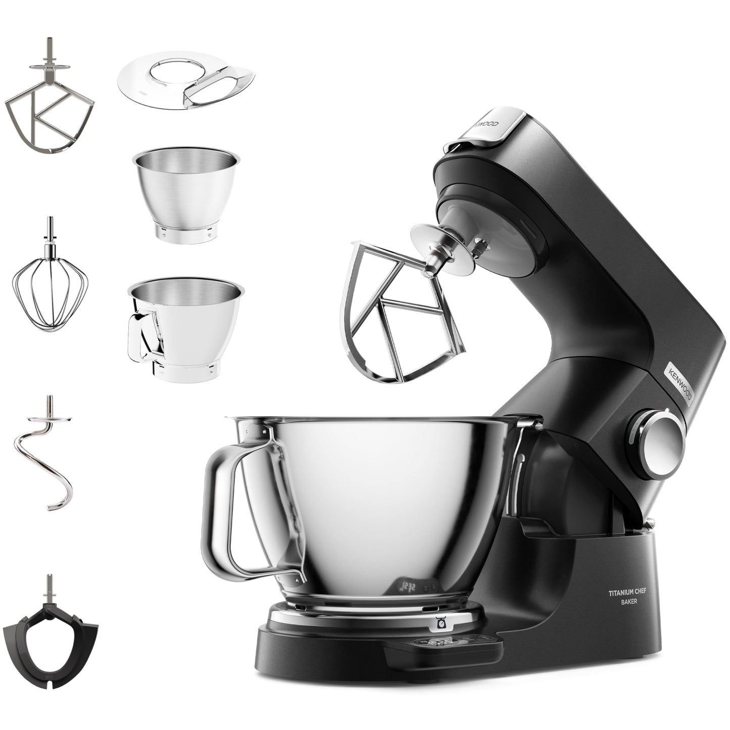 Kenwood Titanium Chef Baker Silver KVC85.004BK, Stand Mixer with Integrated Scale, 3 Stainless Steel Mixing Hooks and Rubber Whisk, 5L and 3.5L Bowls, 1200W, Black