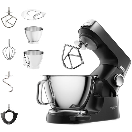 Kenwood Titanium Chef Baker Silver KVC85.004BK, Stand Mixer with Integrated Scale, 3 Stainless Steel Mixing Hooks and Rubber Whisk, 5L and 3.5L Bowls, 1200W, Black