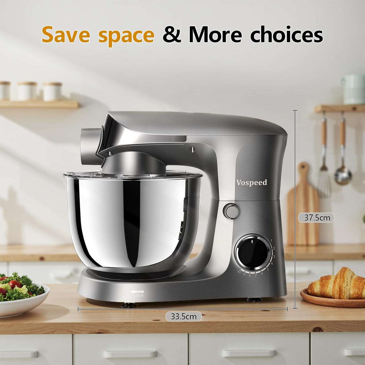 Vospeed Stand Mixer, 5.5L Food Mixers for Baking, 1500W Tilt-Head Electric Kitchen Mixer, Cake Mixers with Dough Hook, Whisk & Beater,Meat Grinder Attachment...(Grey)