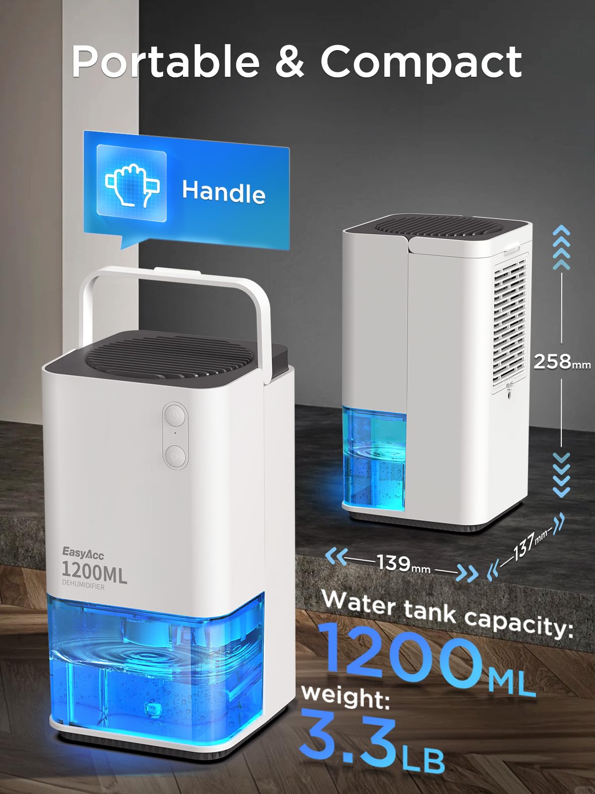 EasyAcc 1200ml Portable Electric Dehumidifier – Quiet, Auto Shut-Off, White