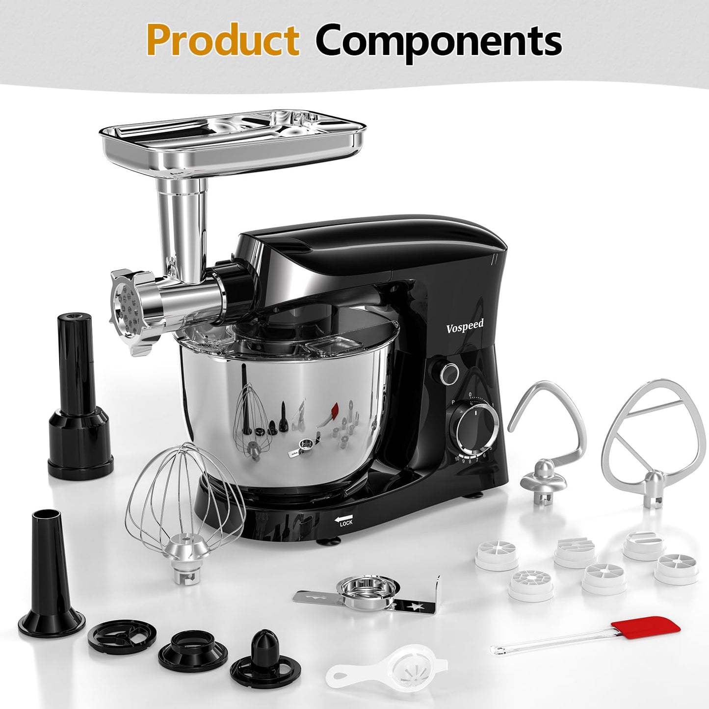 Vospeed Stand Mixer, 5.5L Food Mixers for Baking, 1500W Tilt-Head Electric Kitchen Mixer, Cake Mixers with Dough Hook, Whisk & Beater,Meat Grinder Attachment...(Black)