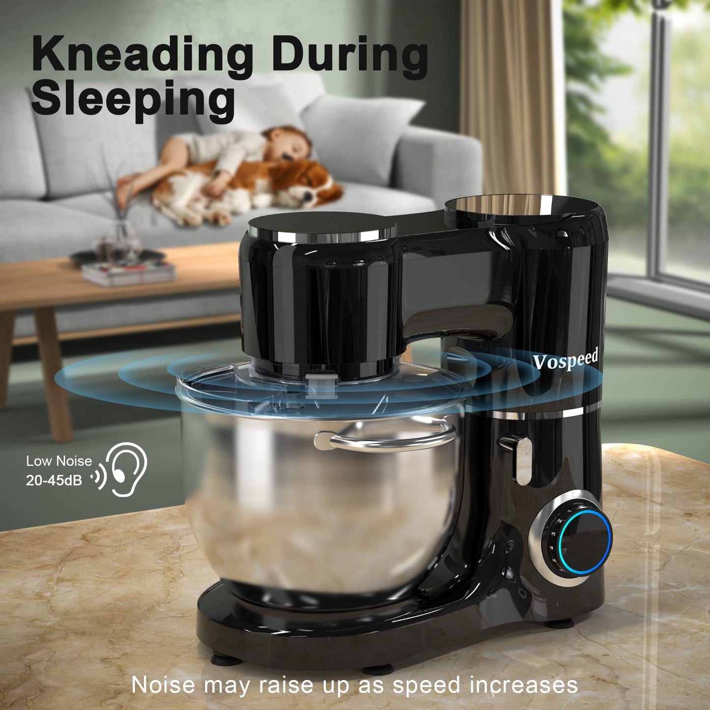 Vospeed Stand Mixer 2000W 8L Cake Mixer Electric Kitchen Food Mixer with Stainless Steel Bowl, Beater, Dough Hook, Whisk for Baking, Dishwasher Safe (Black)